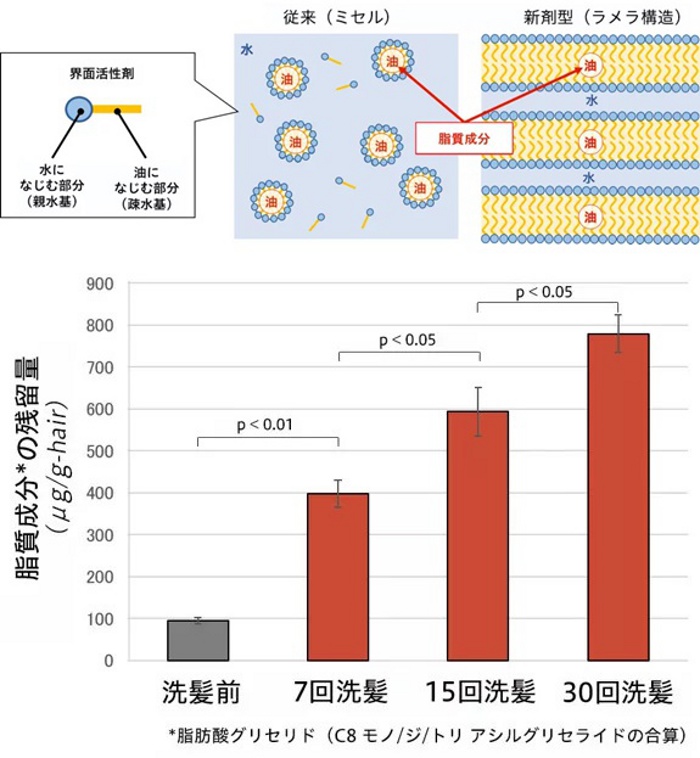 花王、脂質成分を髪に補給するラメラ構造シャンプー剤型技術を確立